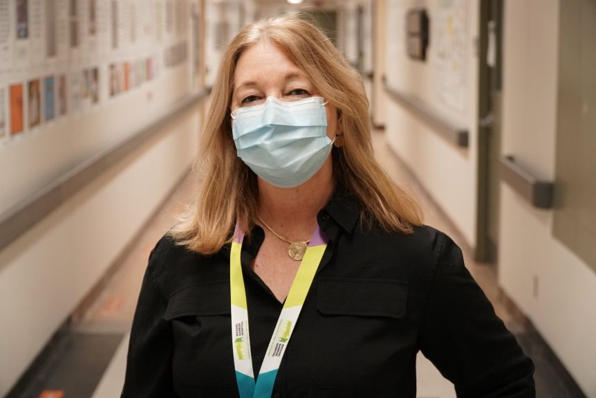 Leah Palmer wearing a mask inside Michael Garron Hospital