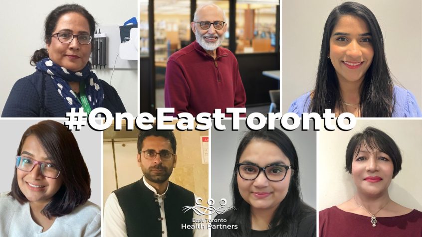 Collage of people with three images at the top and four at the bottom. Text across the centre reads #OneEastToronto.
